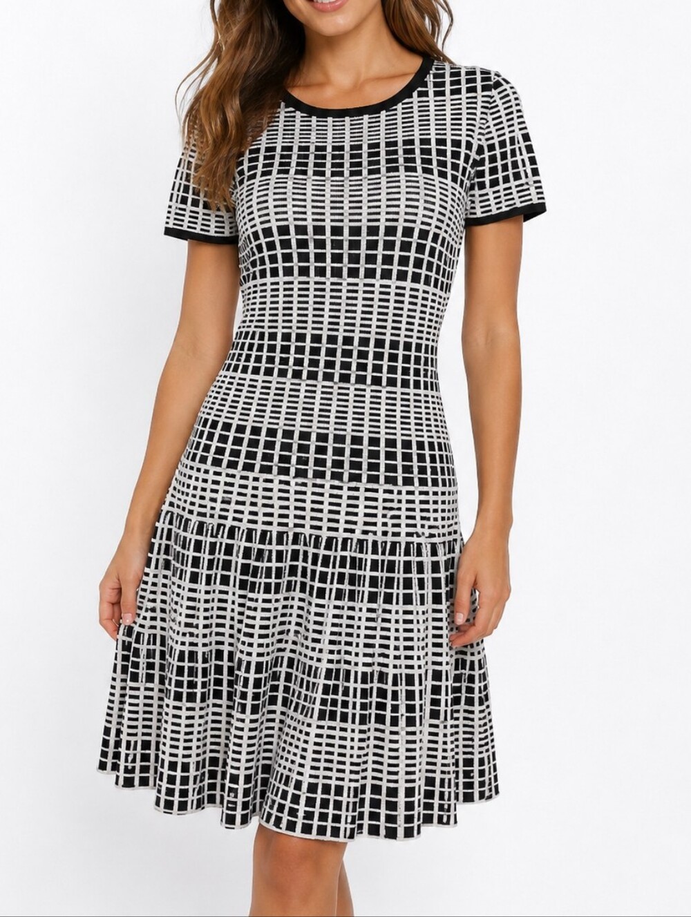 Romeo + Juliet Couture Black & White Grid Knit Fit-and-Flare Dress NWT